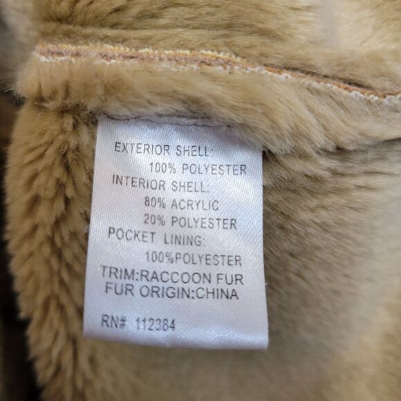 Calvin Klein Womens Faux Suede Coat Jacket Size Medium Tan Hood Raccoon Fur Trim - Picture 7 of 8